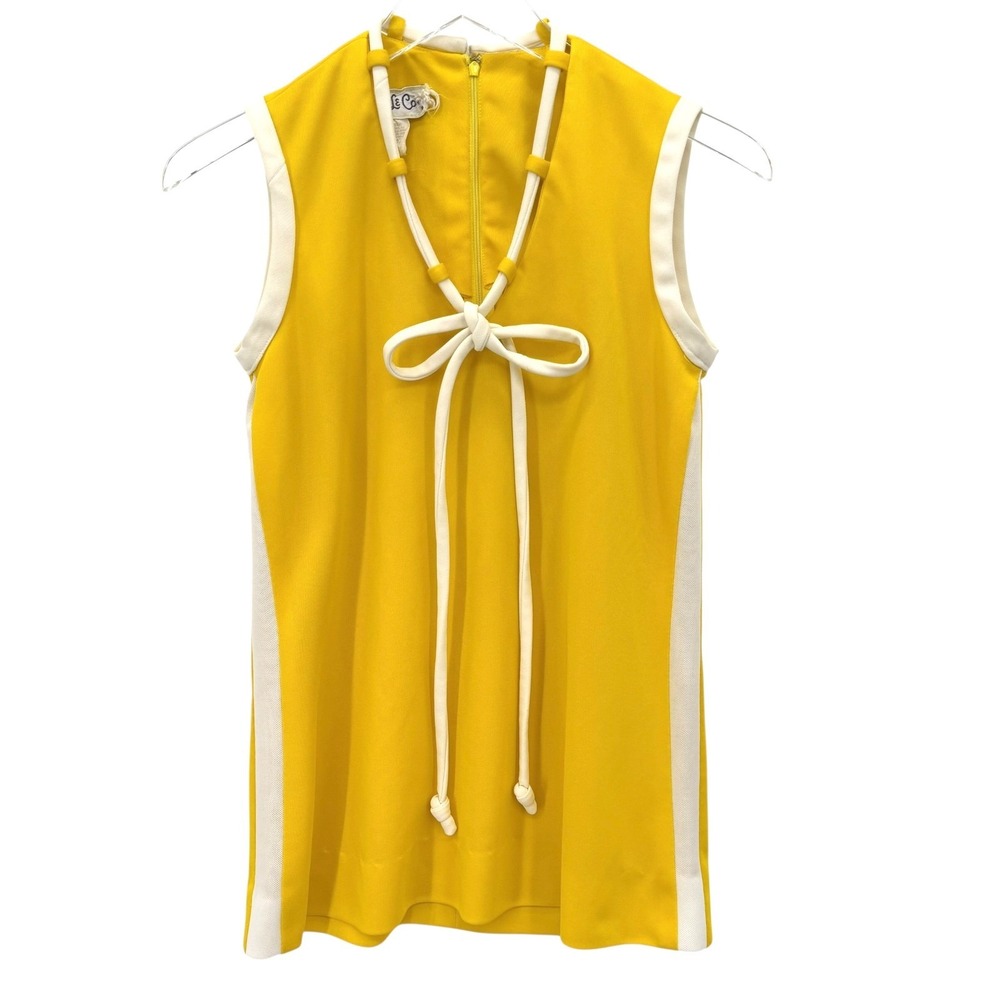 Vintage 60s 70s Eve Le Coq Mod Top Size XS Yellow White Colorblock Tie Neck